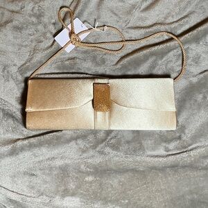 La Regale Champagne Gold Satin Evening Clutch with Rope Strap